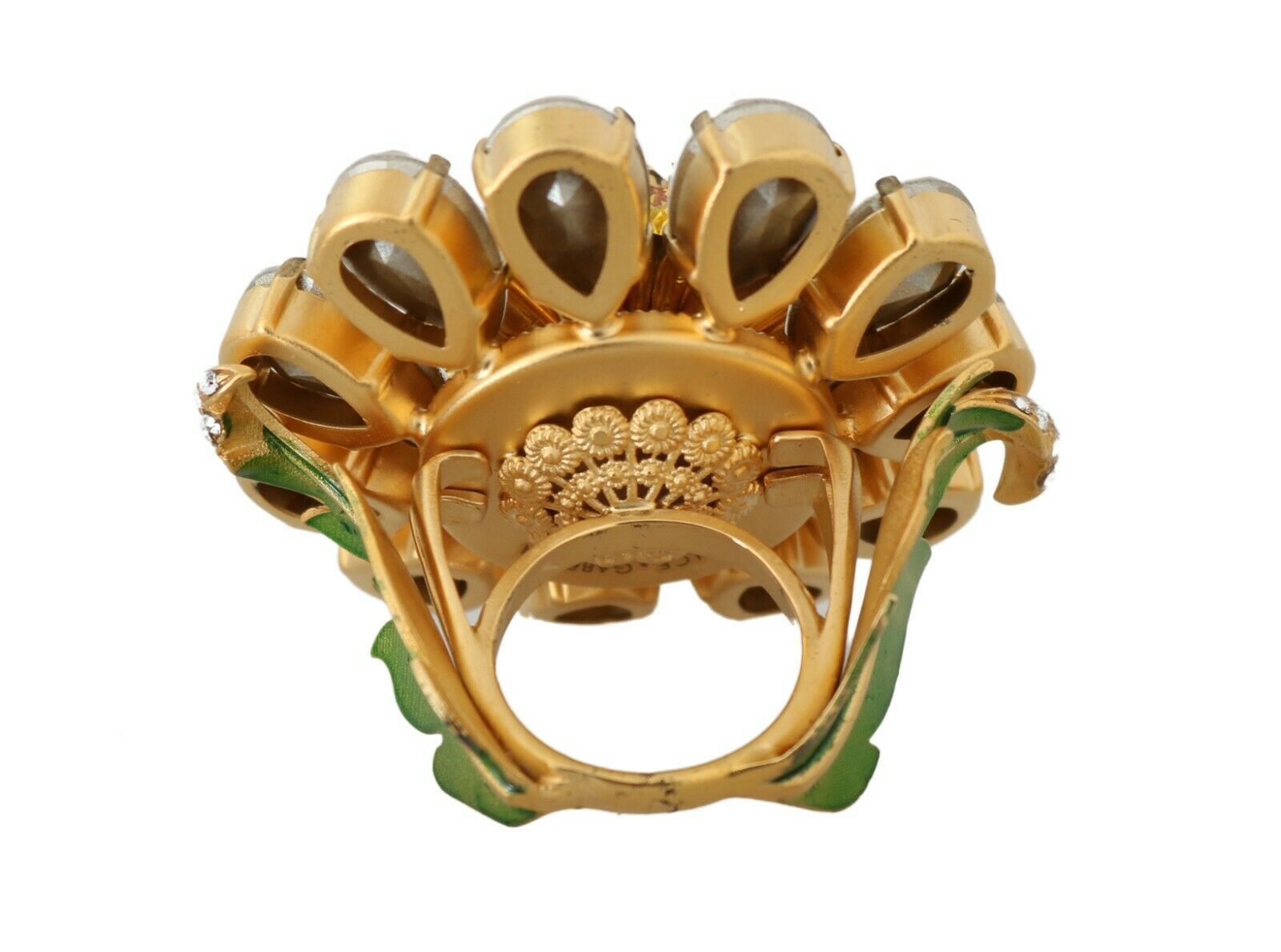 Dolce & Gabbana Gold Brass Yellow Crystal Flower Ring Curated Luxury Accessories by Orvyn