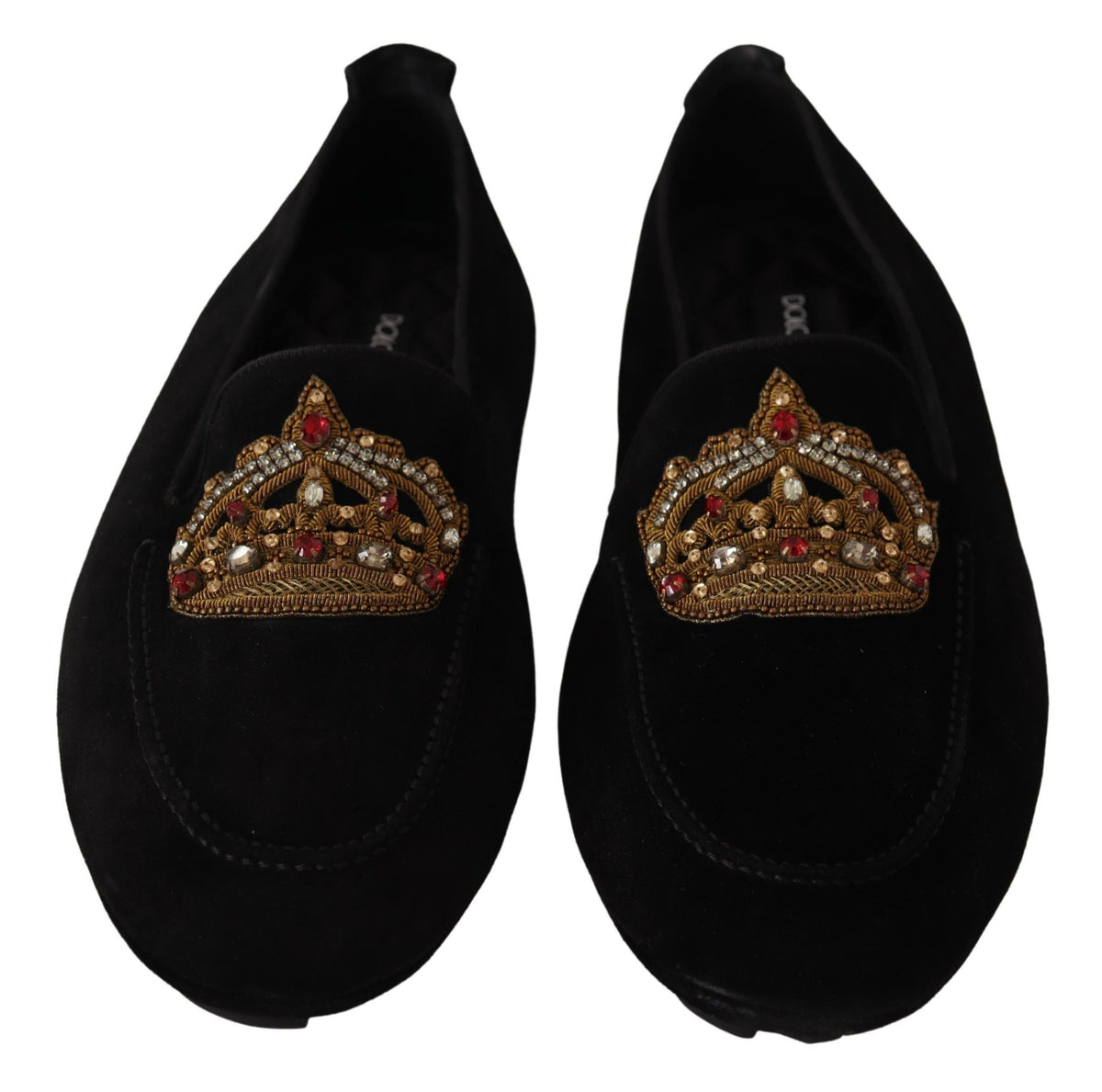 Dolce & Gabbana Black Leather Crystal Gold Crown Loafers Shoes schwarz