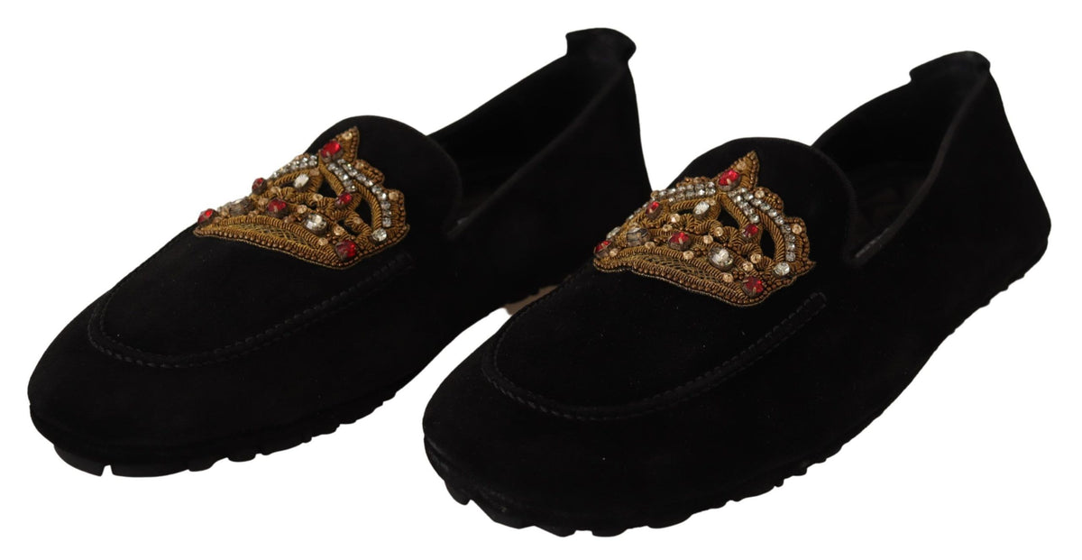 Dolce & Gabbana Black Leather Crystal Gold Crown Loafers Shoes schwarz