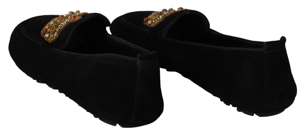 Dolce & Gabbana Black Leather Crystal Gold Crown Loafers Shoes schwarz