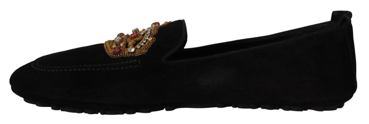 Dolce & Gabbana Black Leather Crystal Gold Crown Loafers Shoes schwarz