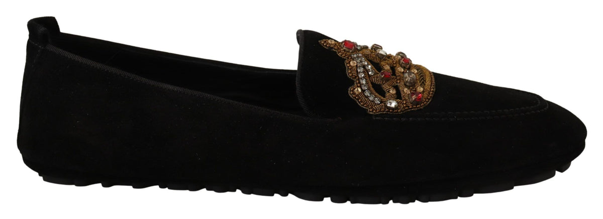 Dolce & Gabbana Black Leather Crystal Gold Crown Loafers Shoes schwarz