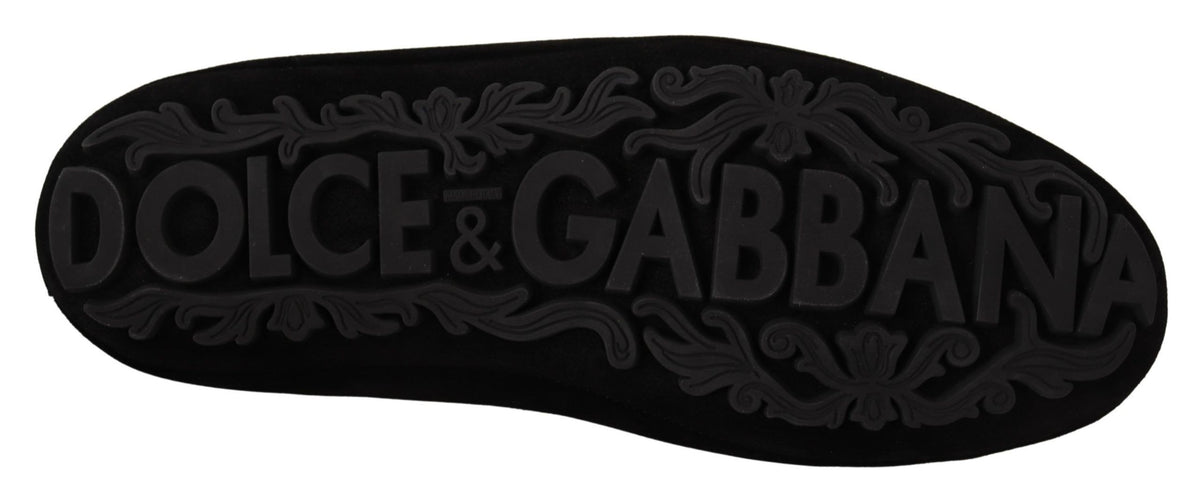 Dolce & Gabbana Black Leather Crystal Gold Crown Loafers Shoes schwarz