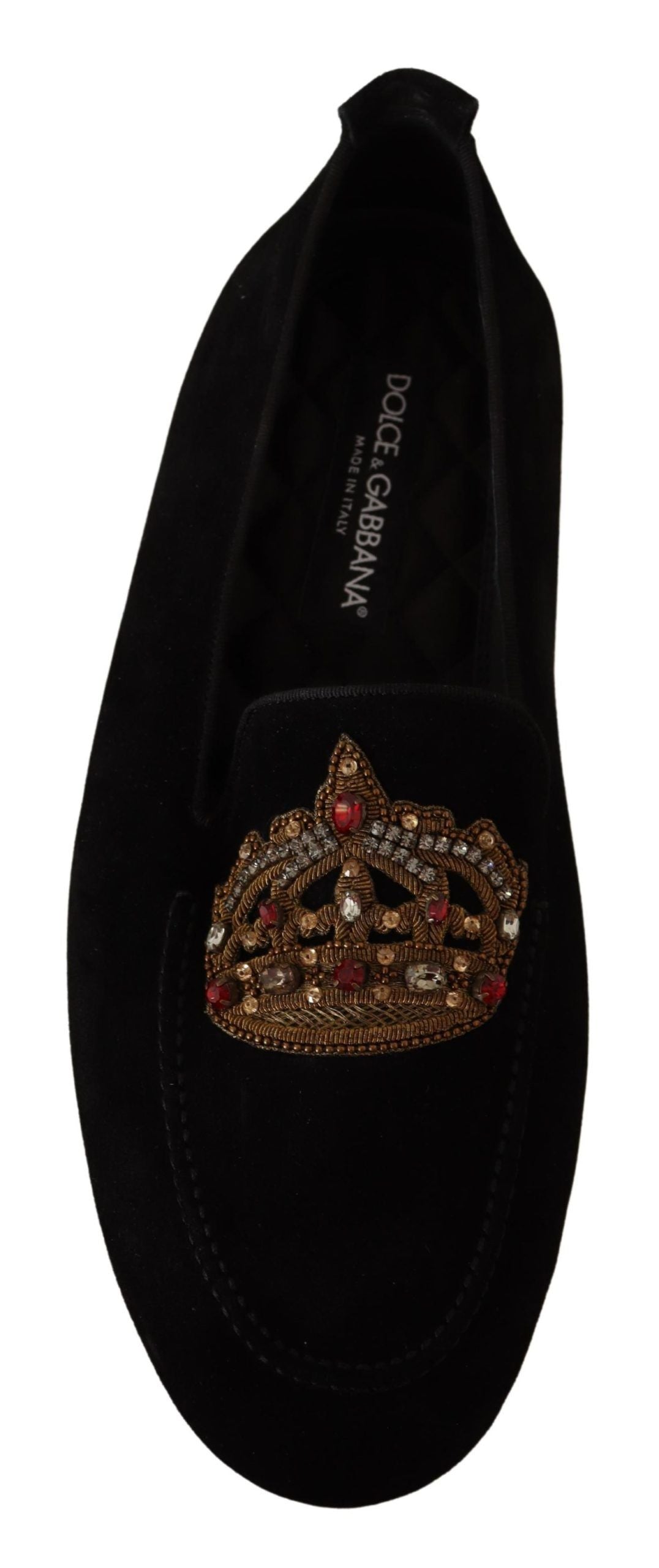 Dolce & Gabbana Black Leather Crystal Gold Crown Loafers Shoes schwarz