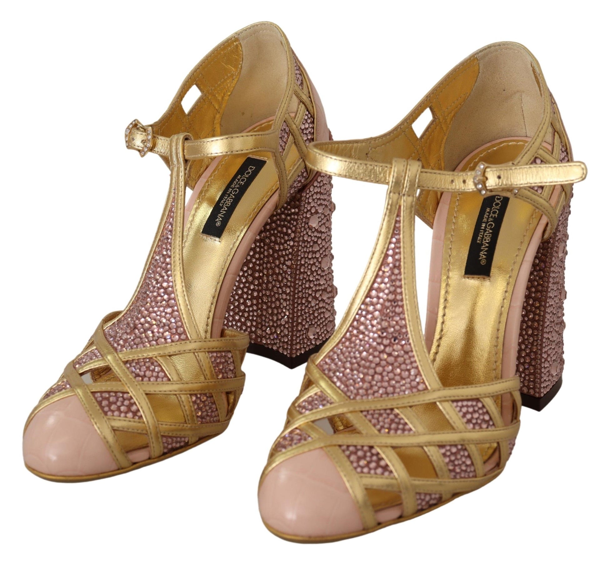 Dolce & Gabbana Pink Gold Leather Crystal Pumps T-strap Shoes rosa