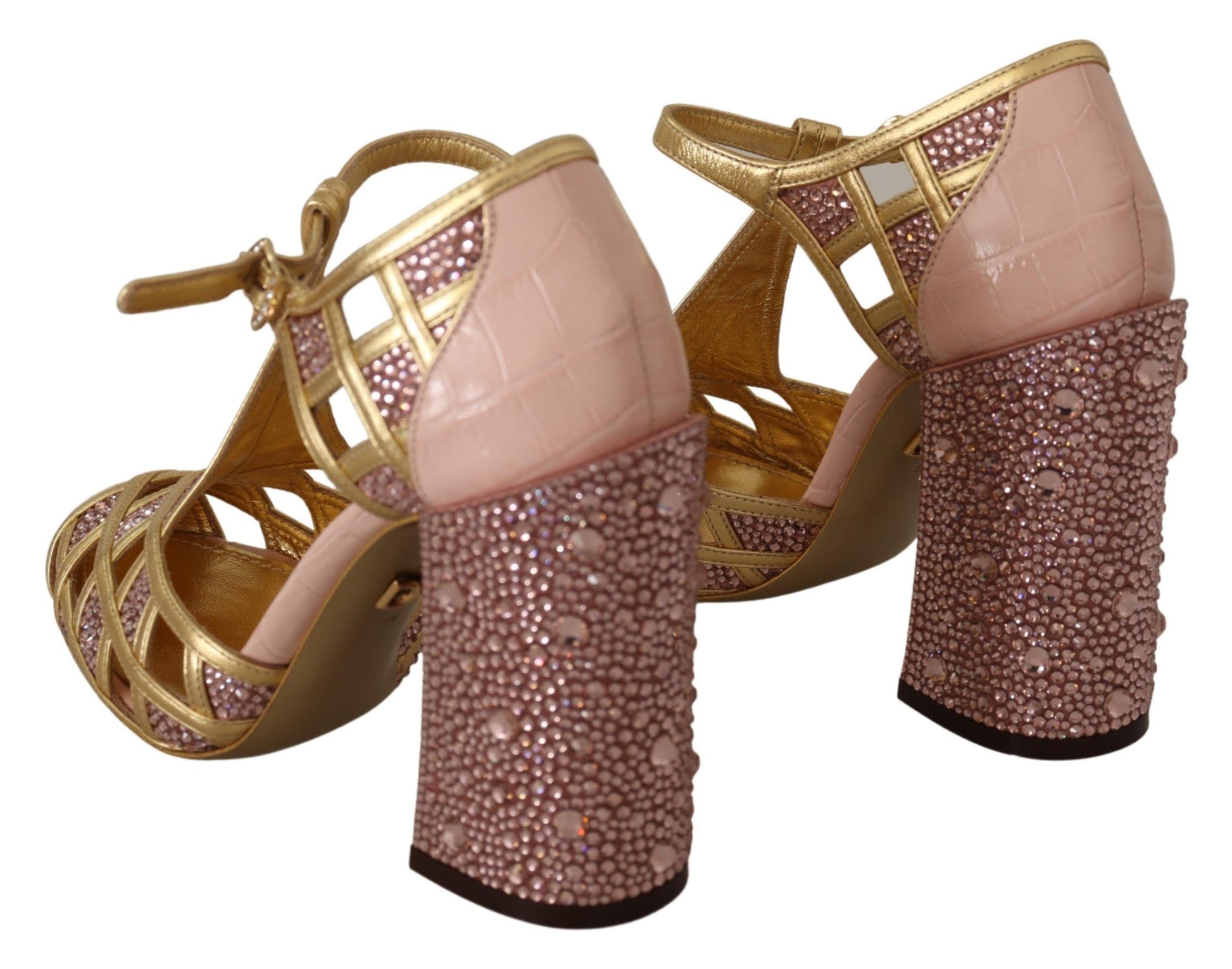 Dolce & Gabbana Pink Gold Leather Crystal Pumps T-strap Shoes rosa