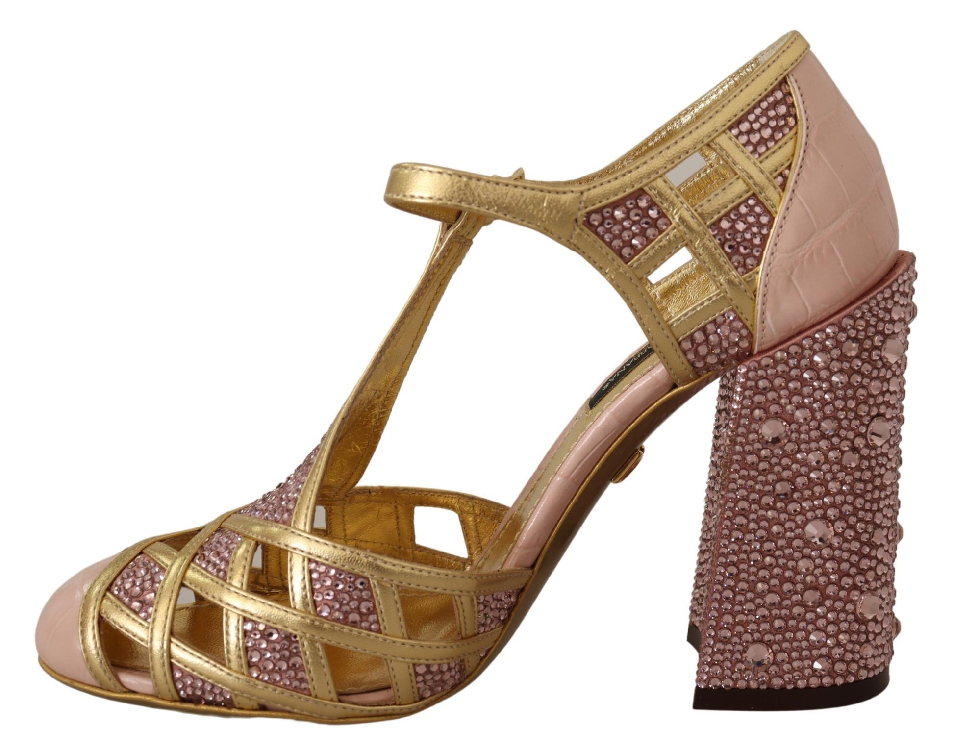 Dolce & Gabbana Pink Gold Leather Crystal Pumps T-strap Shoes rosa