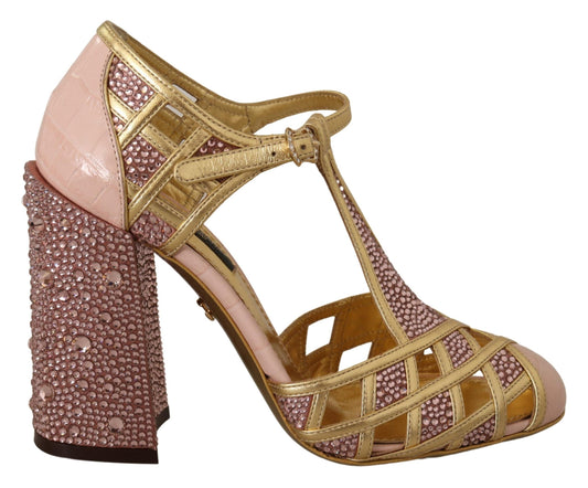 Dolce & Gabbana Pink Gold Leather Crystal Pumps T-strap Shoes rosa