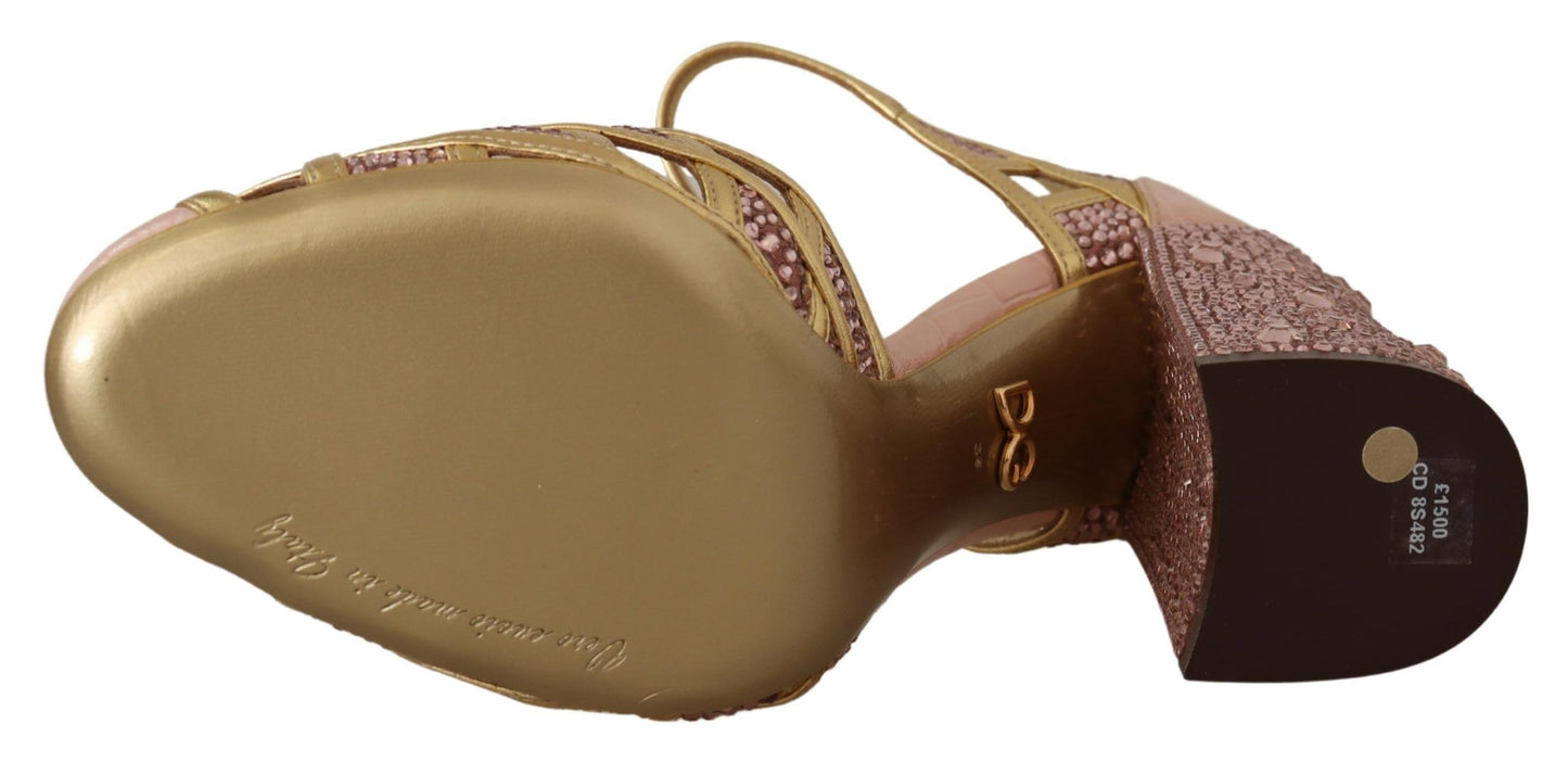 Dolce & Gabbana Pink Gold Leather Crystal Pumps T-strap Shoes rosa