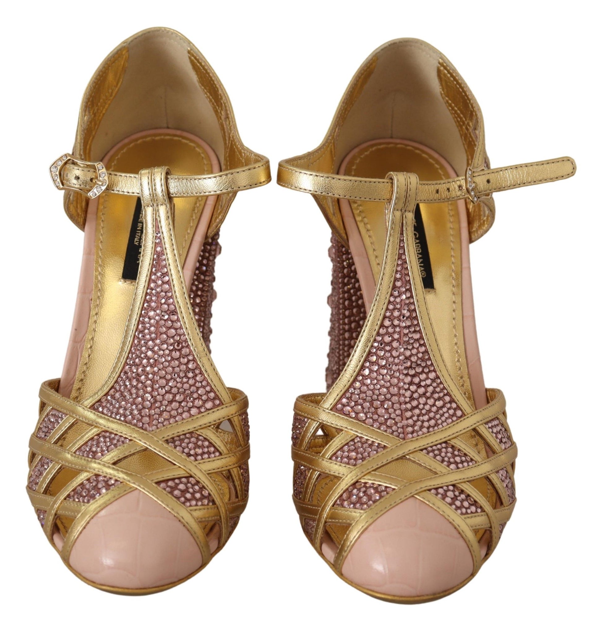 Dolce & Gabbana Pink Gold Leather Crystal Pumps T-strap Shoes rosa