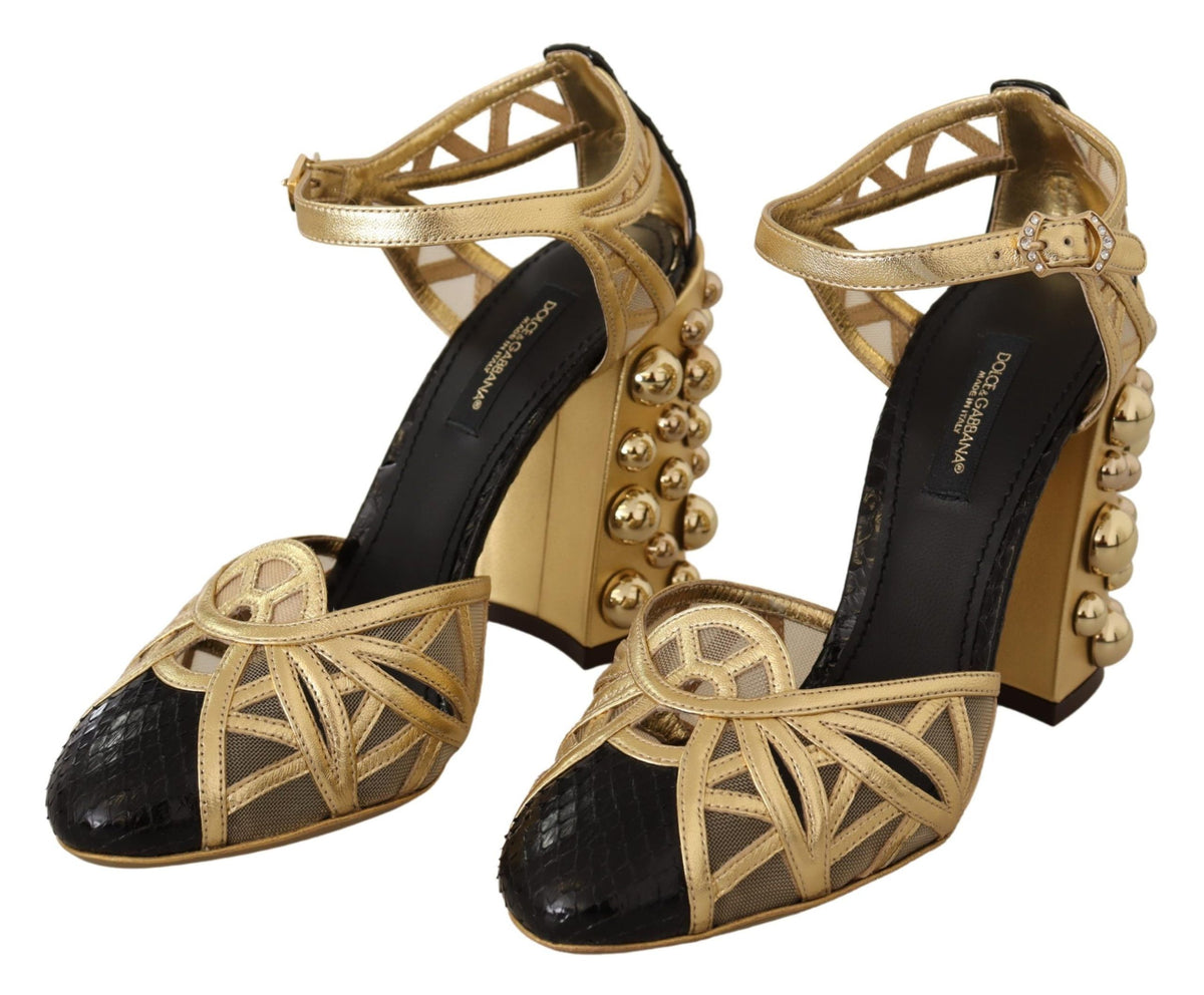 Dolce & Gabbana Black Gold Leather Studded Ankle Straps Shoes schwarz