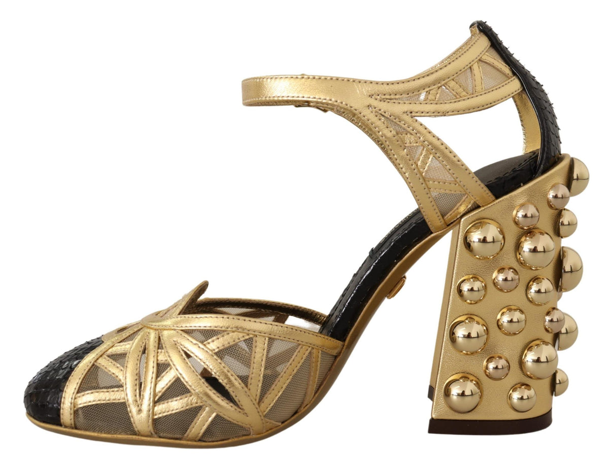 Dolce & Gabbana Black Gold Leather Studded Ankle Straps Shoes schwarz
