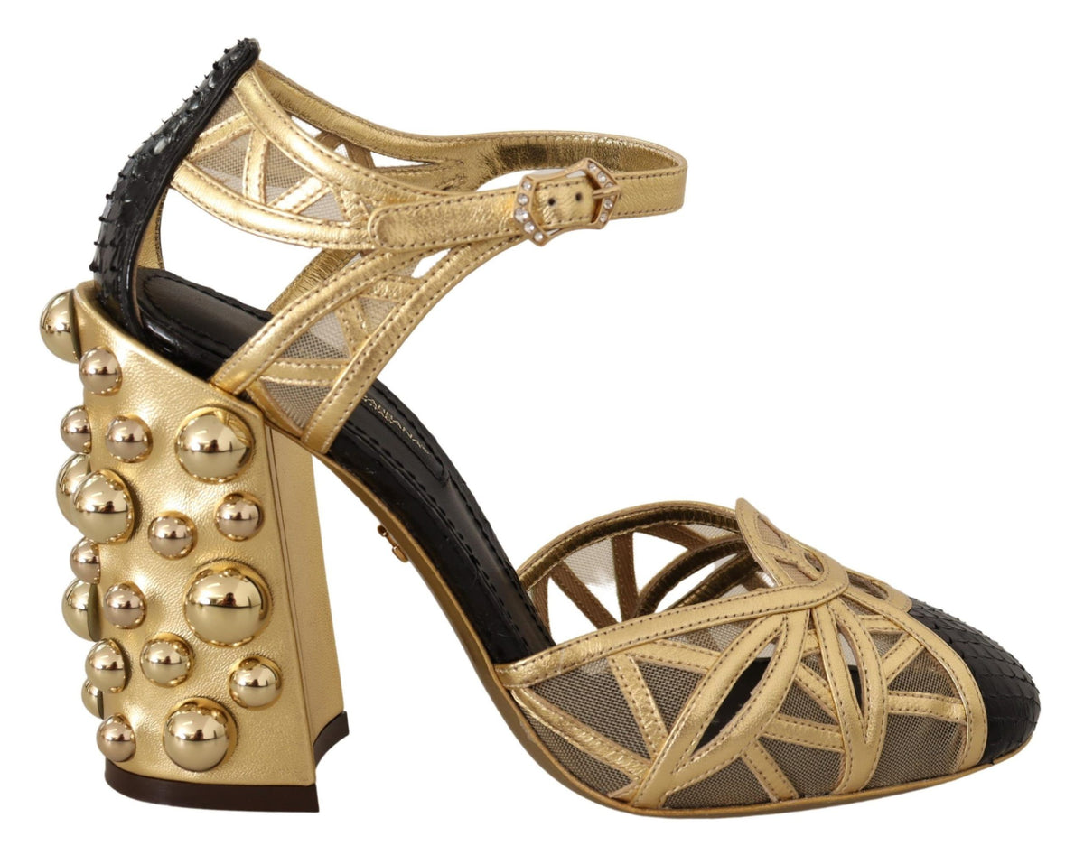 Dolce & Gabbana Black Gold Leather Studded Ankle Straps Shoes schwarz
