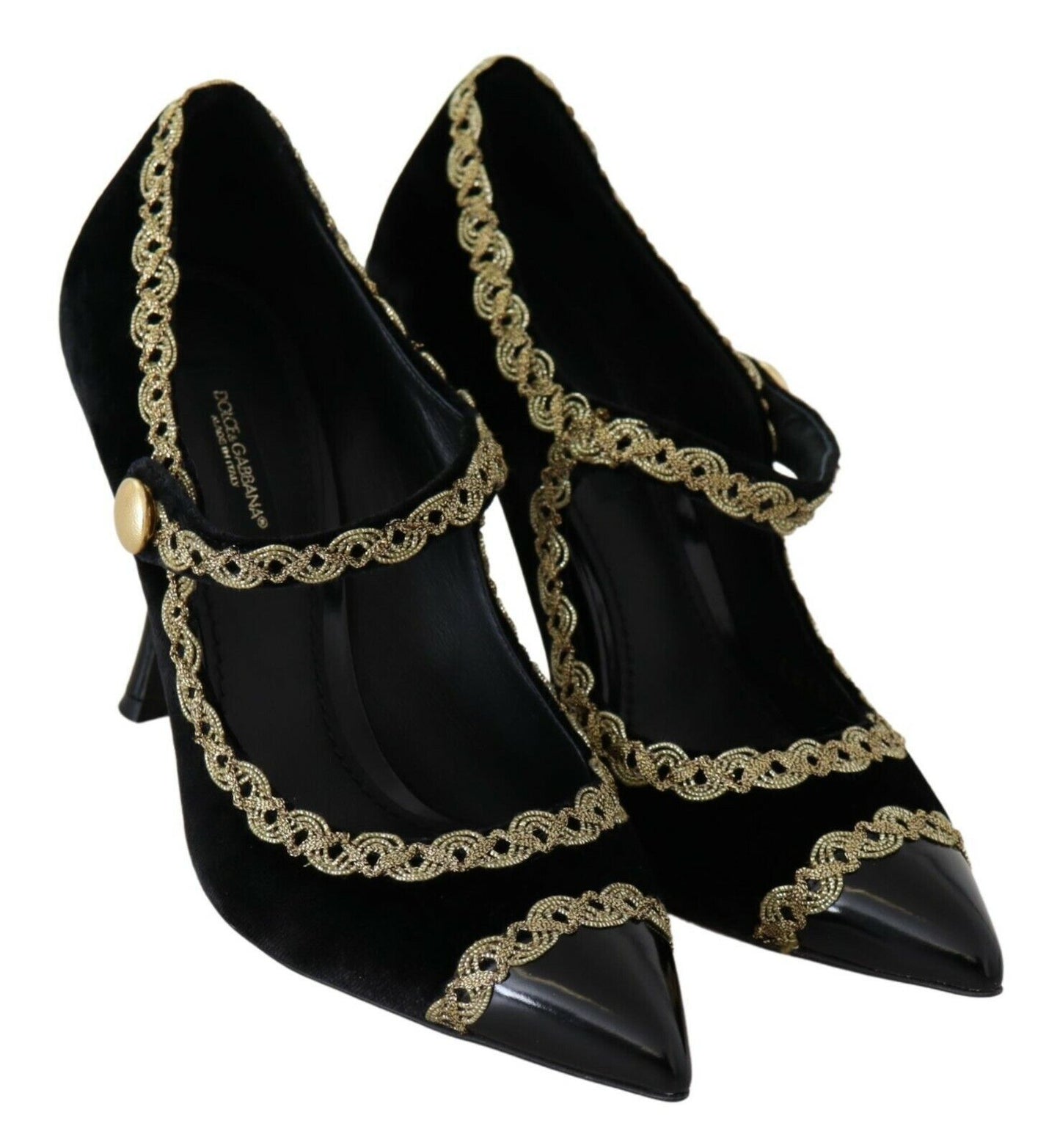 Dolce & Gabbana Black Embellished Velvet Mary Jane Pumps Shoes schwarz