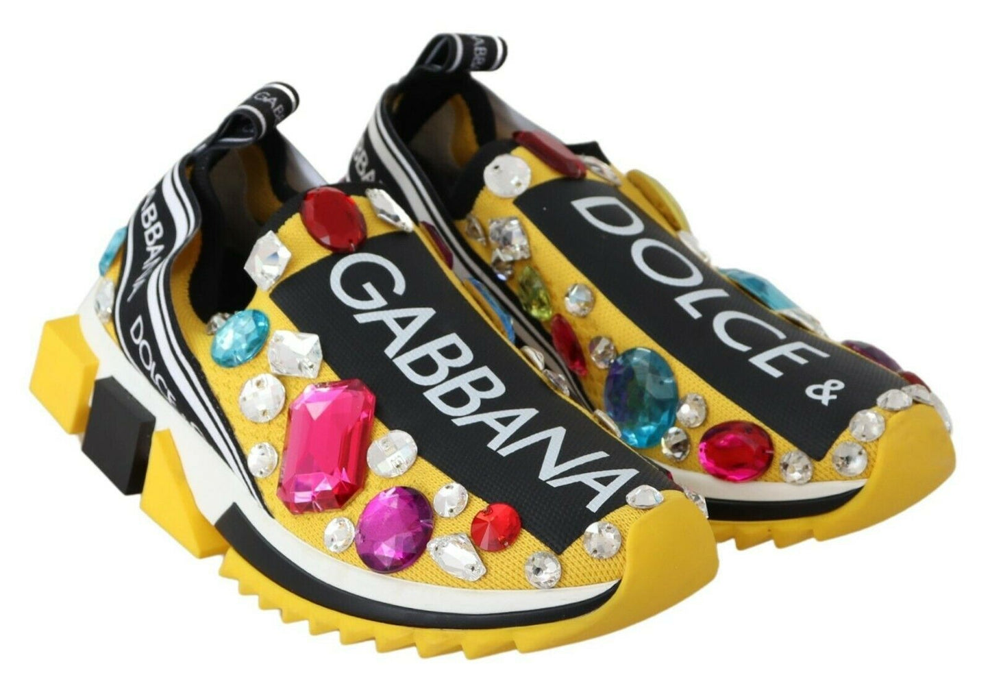 Dolce & Gabbana Yellow Multicolor Crystals Sneakers Shoes Curated Luxury Accessories by Orvyn
