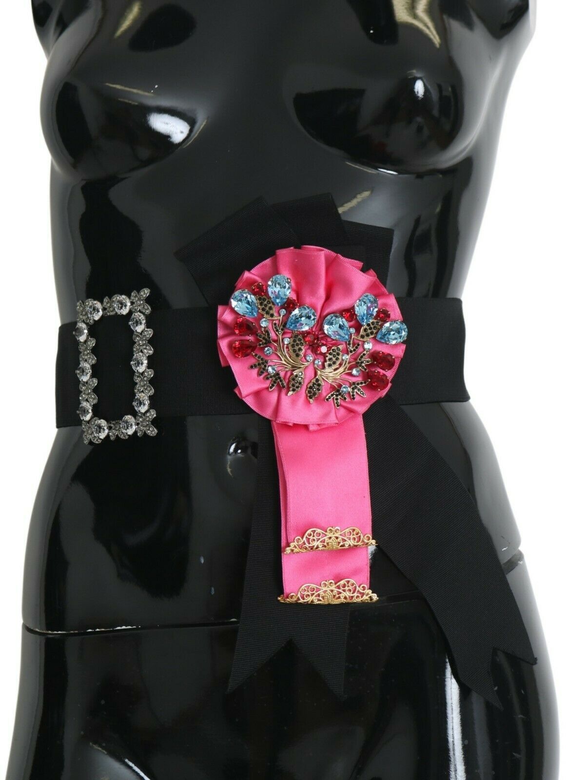 Dolce & Gabbana Black Pink Flower Brooch Crystals Cotton Belt schwarz