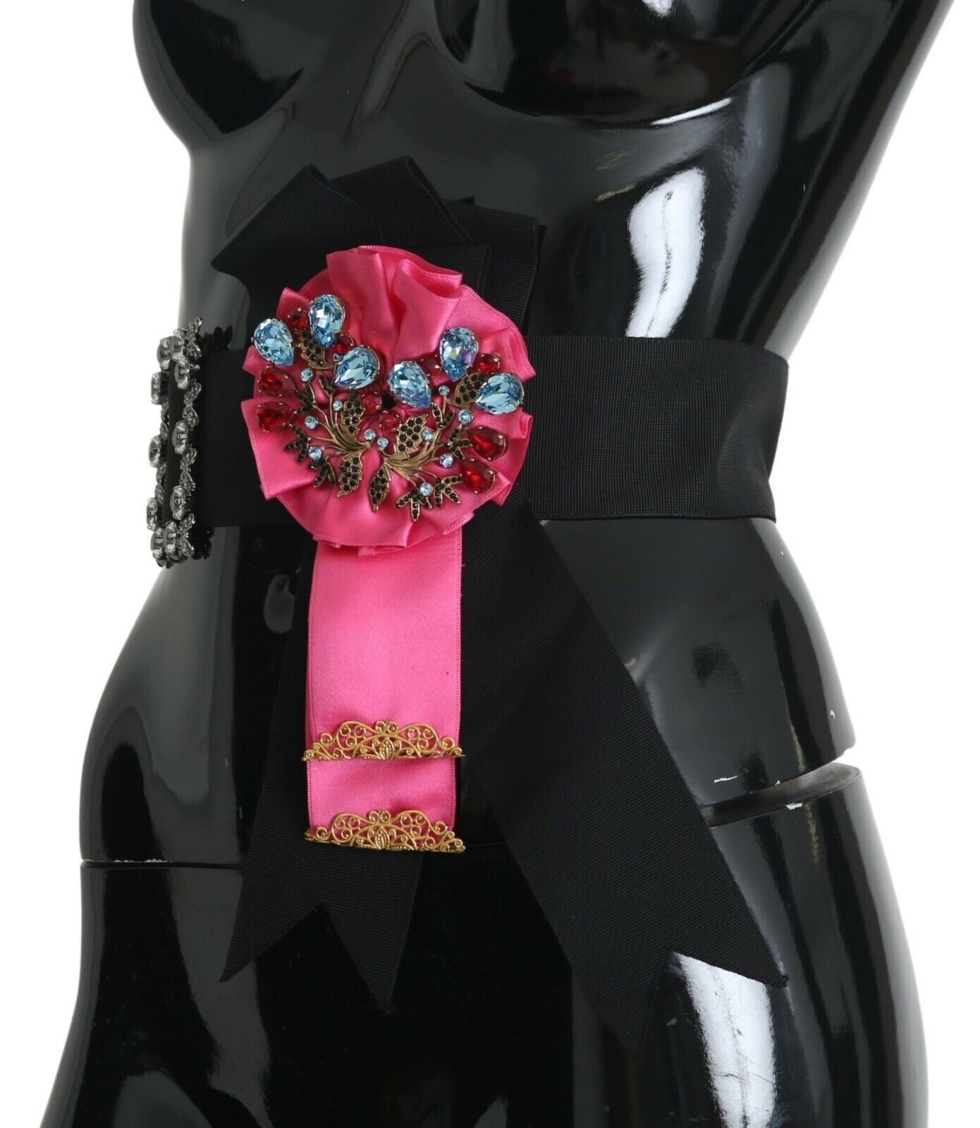 Dolce & Gabbana Black Pink Flower Brooch Crystals Cotton Belt schwarz