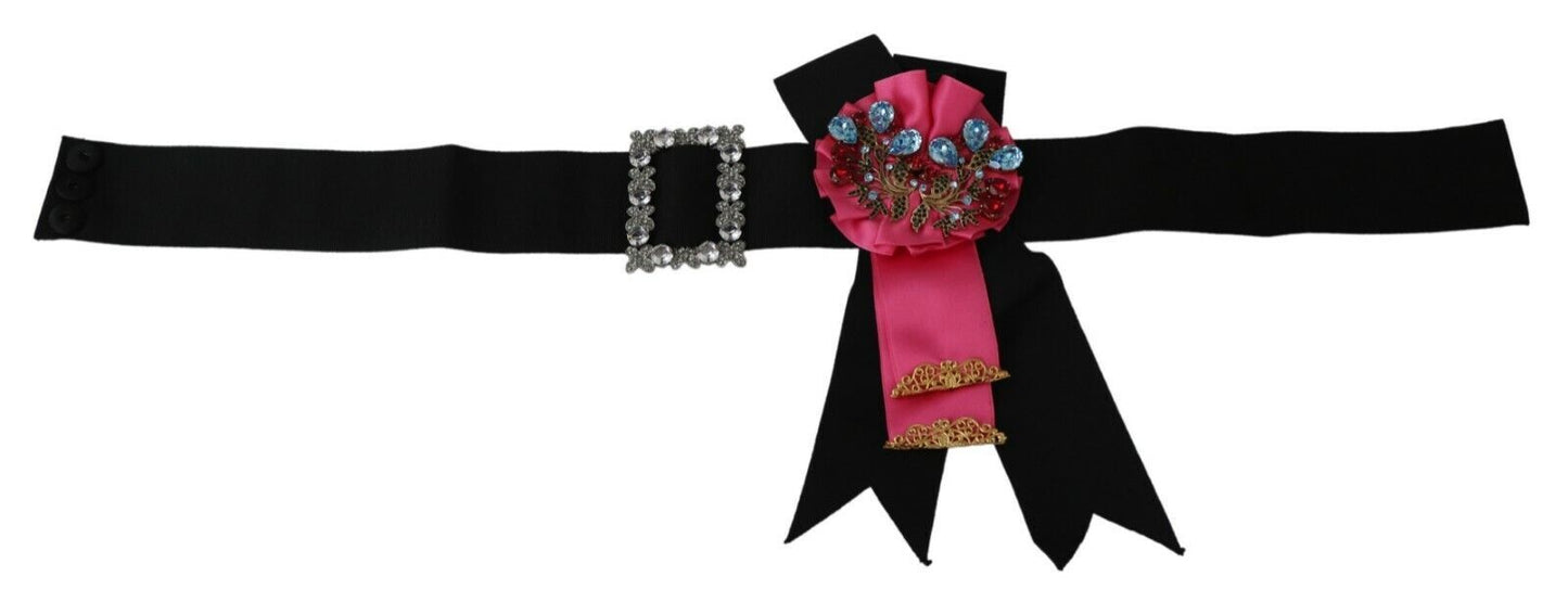 Dolce & Gabbana Black Pink Flower Brooch Crystals Cotton Belt schwarz