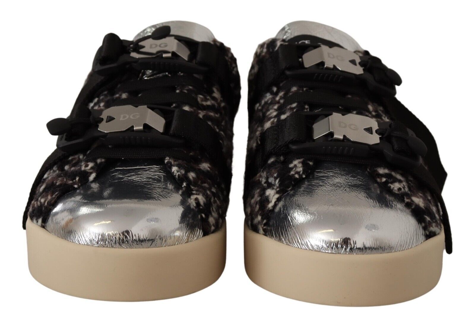 Dolce & Gabbana Silver Leather Brown Cotton Wool Sneakers Shoes Curated Luxury Accessories by Orvyn
