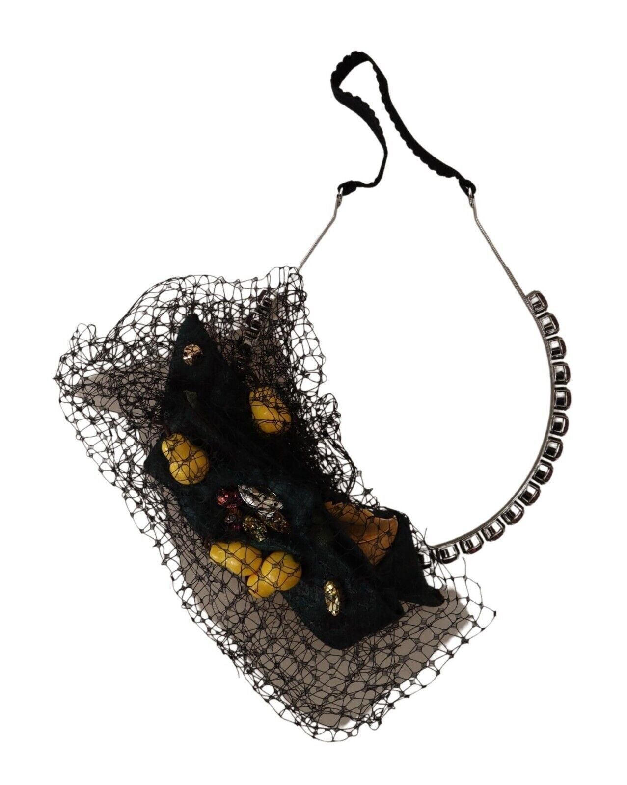 Dolce & Gabbana Silver Tiara Crystals Fruits Black Mesh Diadem Headband Curated Luxury Accessories by Orvyn