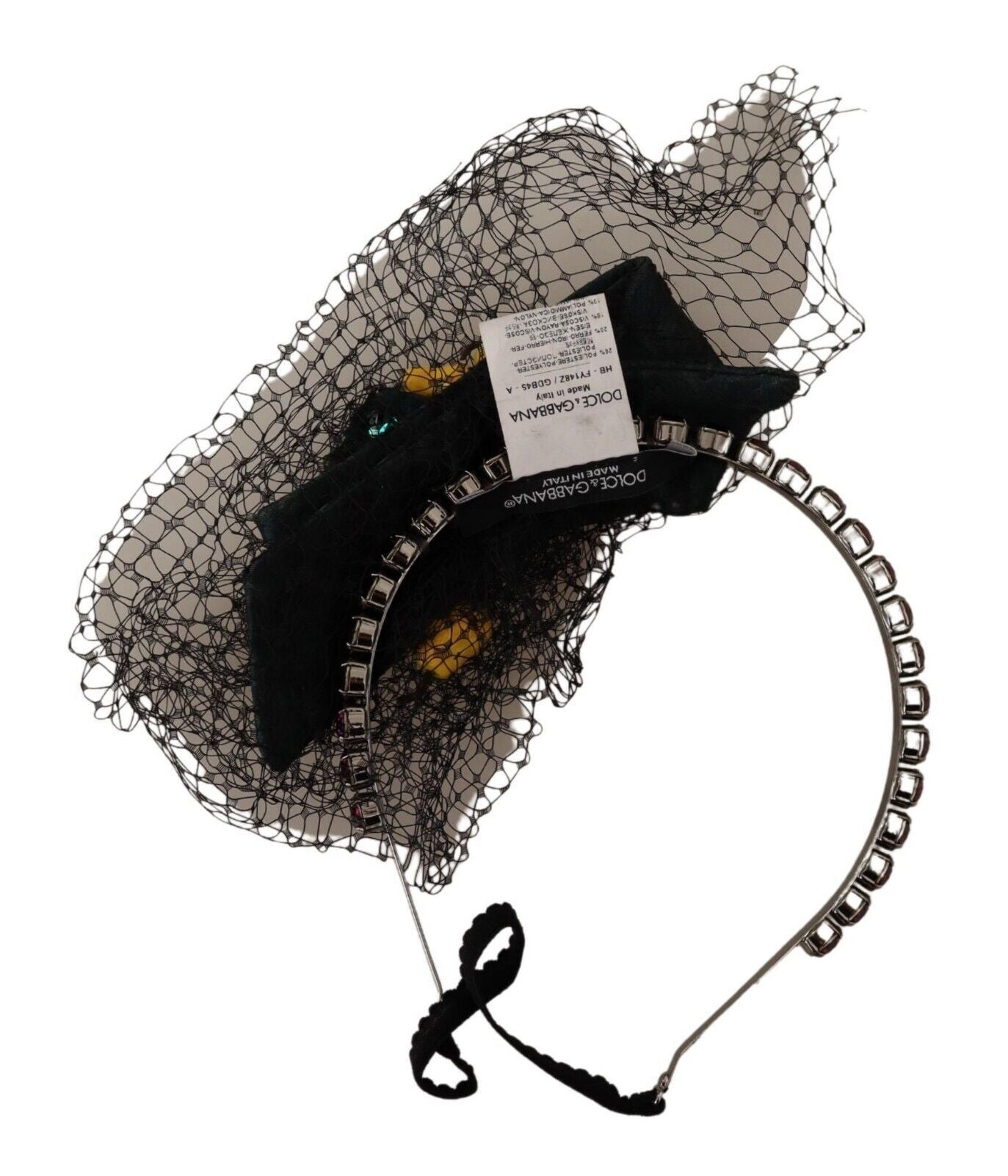 Dolce & Gabbana Silver Tiara Crystals Fruits Black Mesh Diadem Headband Curated Luxury Accessories by Orvyn