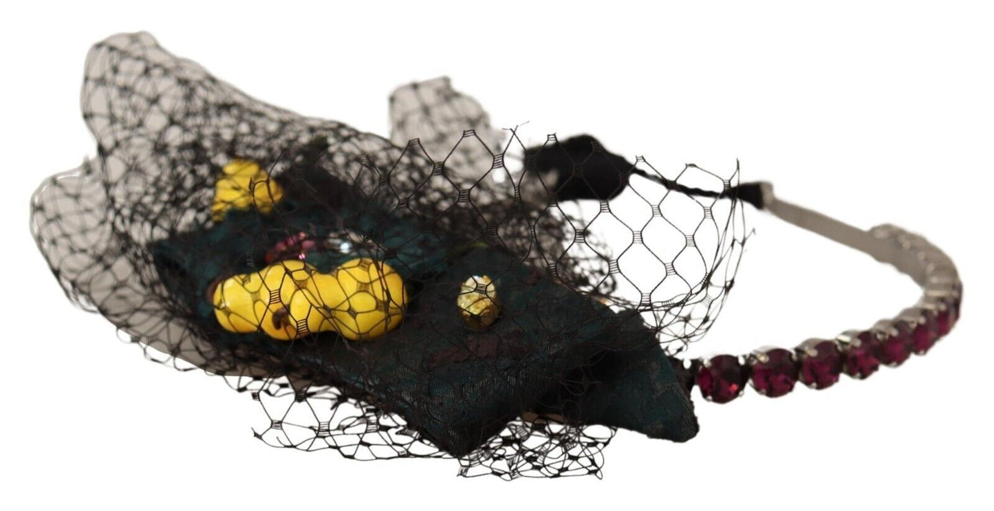 Dolce & Gabbana Silver Tiara Crystals Fruits Black Mesh Diadem Headband Curated Luxury Accessories by Orvyn