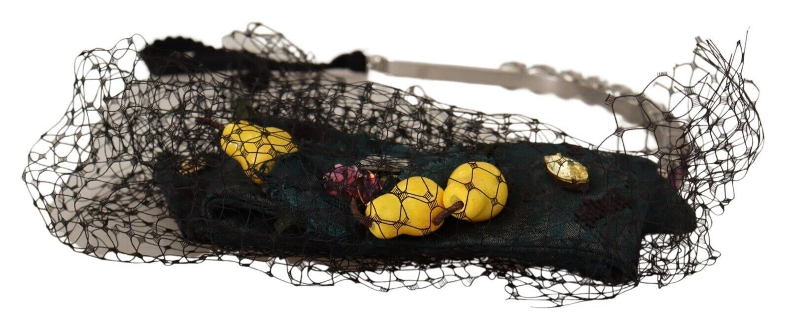 Dolce & Gabbana Silver Tiara Crystals Fruits Black Mesh Diadem Headband Curated Luxury Accessories by Orvyn