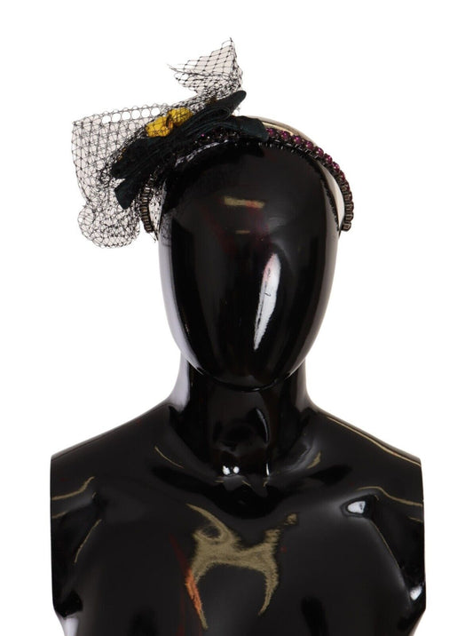 Dolce & Gabbana Silver Tiara Crystals Fruits Black Mesh Diadem Headband Curated Luxury Accessories by Orvyn