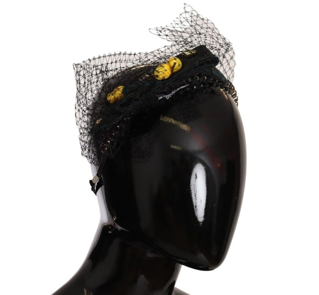Dolce & Gabbana Silver Tiara Crystals Fruits Black Mesh Diadem Headband Curated Luxury Accessories by Orvyn