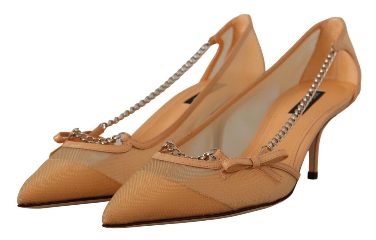 Dolce & Gabbana Peach Mesh Leather Chains Heels Pumps Shoes beige