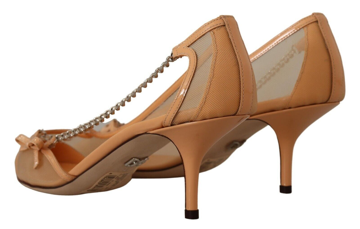 Dolce & Gabbana Peach Mesh Leather Chains Heels Pumps Shoes beige