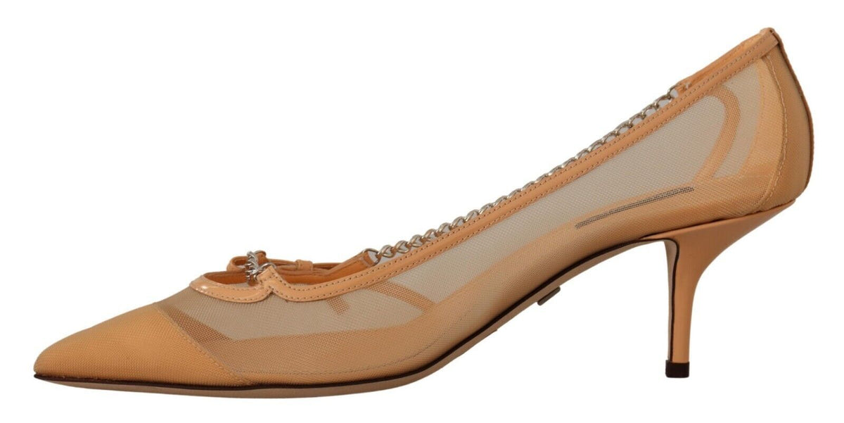Dolce & Gabbana Peach Mesh Leather Chains Heels Pumps Shoes beige