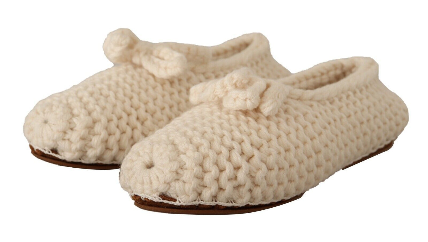 Dolce & Gabbana White Slip On Ballerina Flats Wool Knit Shoes weiss
