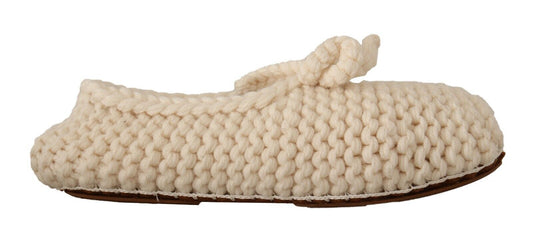 Dolce & Gabbana White Slip On Ballerina Flats Wool Knit Shoes weiss