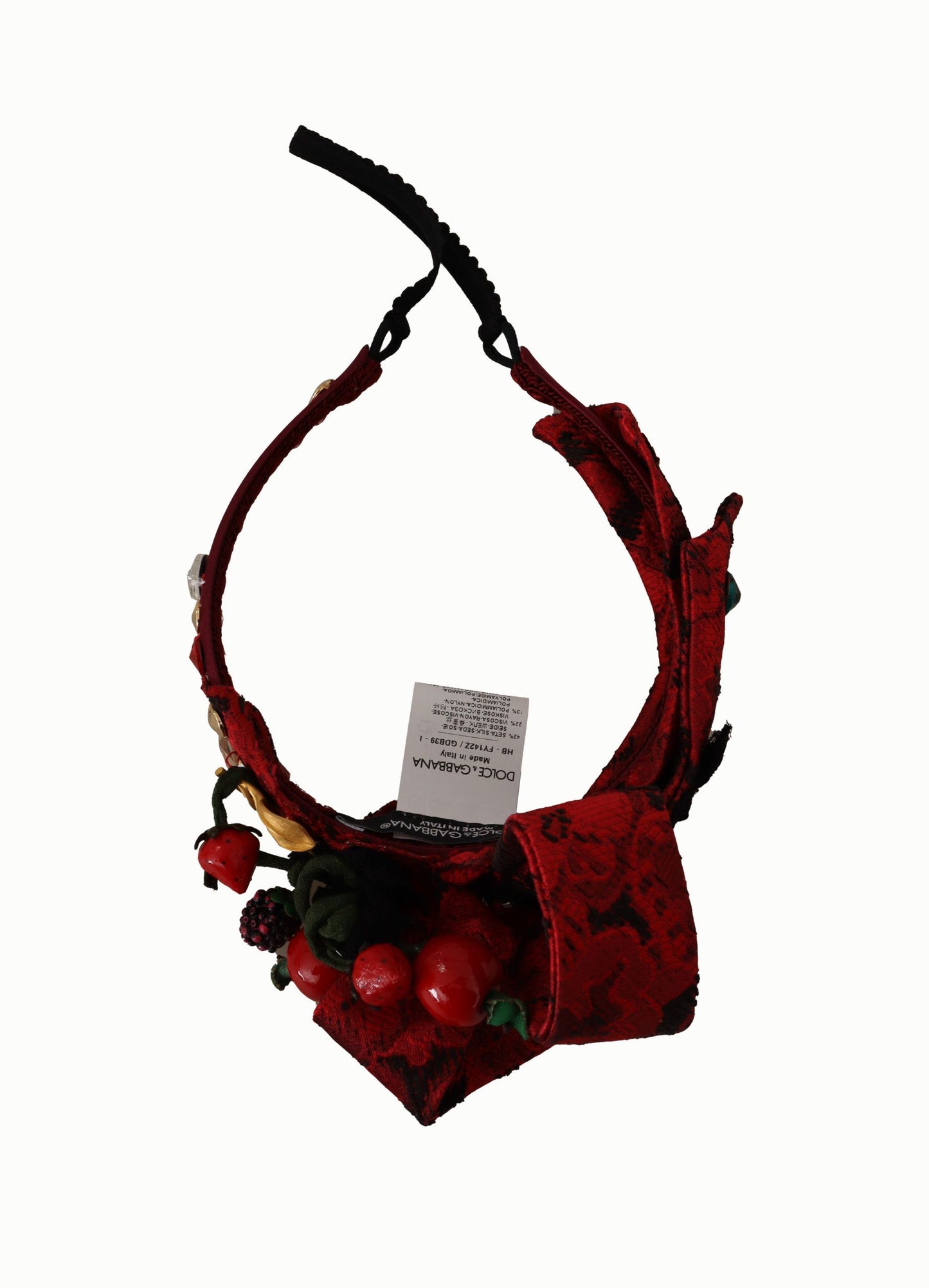 Dolce & Gabbana Cherry Silk Crystal Bow Logo Diadem Tiara Headband Curated Luxury Accessories by Orvyn
