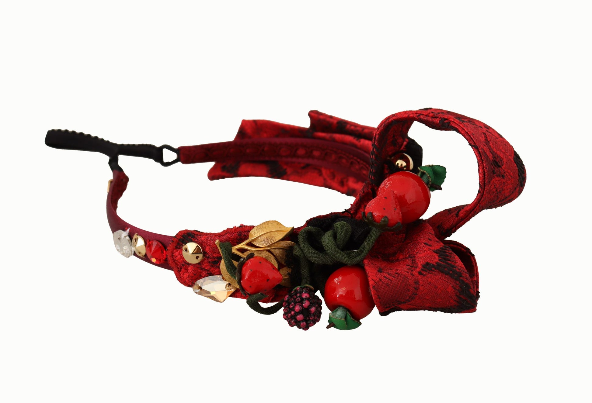 Dolce & Gabbana Cherry Silk Crystal Bow Logo Diadem Tiara Headband Curated Luxury Accessories by Orvyn