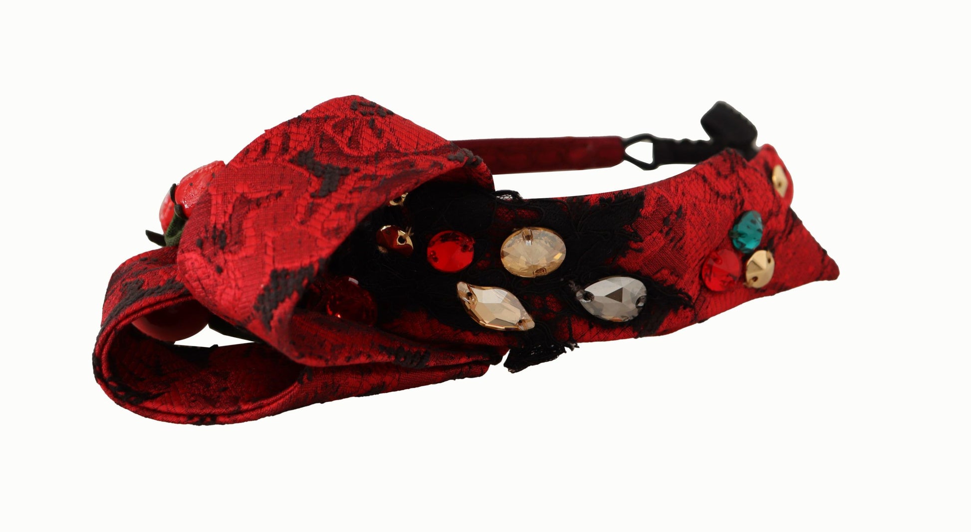 Dolce & Gabbana Cherry Silk Crystal Bow Logo Diadem Tiara Headband Curated Luxury Accessories by Orvyn