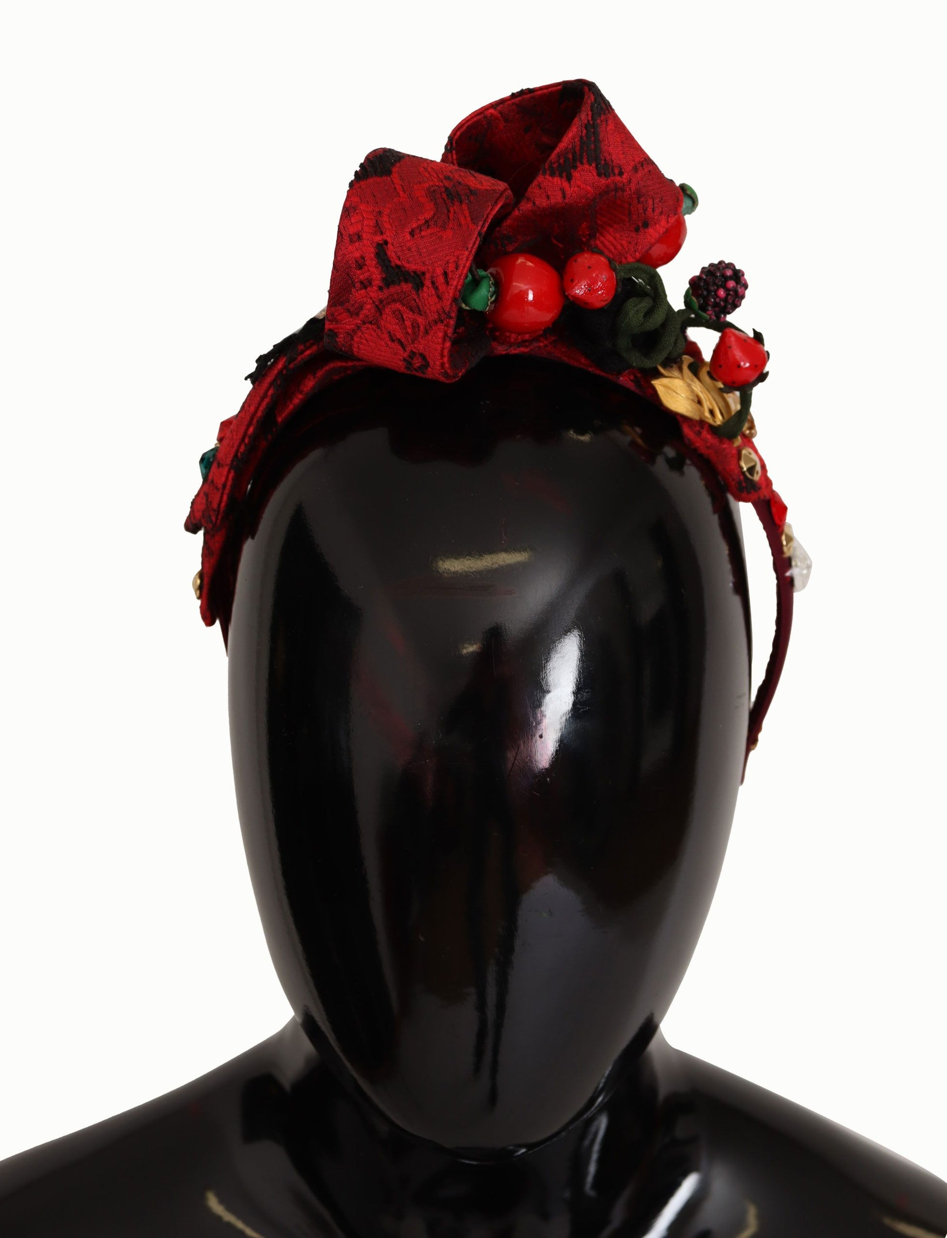 Dolce & Gabbana Cherry Silk Crystal Bow Logo Diadem Tiara Headband Curated Luxury Accessories by Orvyn