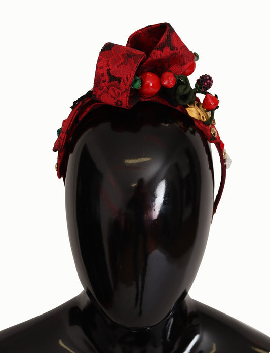 Dolce & Gabbana Cherry Silk Crystal Bow Logo Diadem Tiara Headband Curated Luxury Accessories by Orvyn