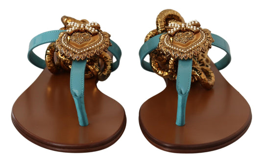 Dolce & Gabbana Blue Leather Devotion Flats Sandals blau