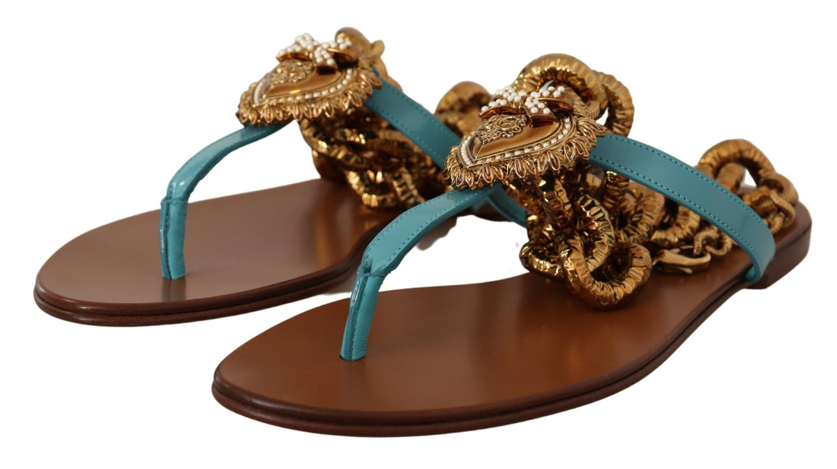 Dolce & Gabbana Blue Leather Devotion Flats Sandals blau