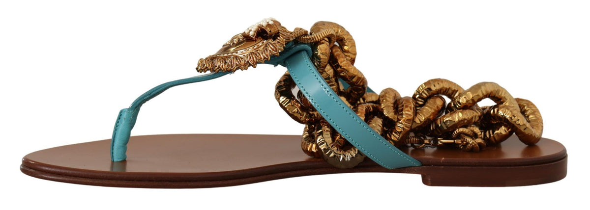 Dolce & Gabbana Blue Leather Devotion Flats Sandals blau