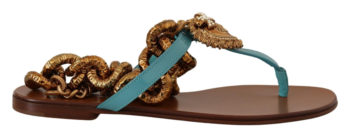 Dolce & Gabbana Blue Leather Devotion Flats Sandals blau
