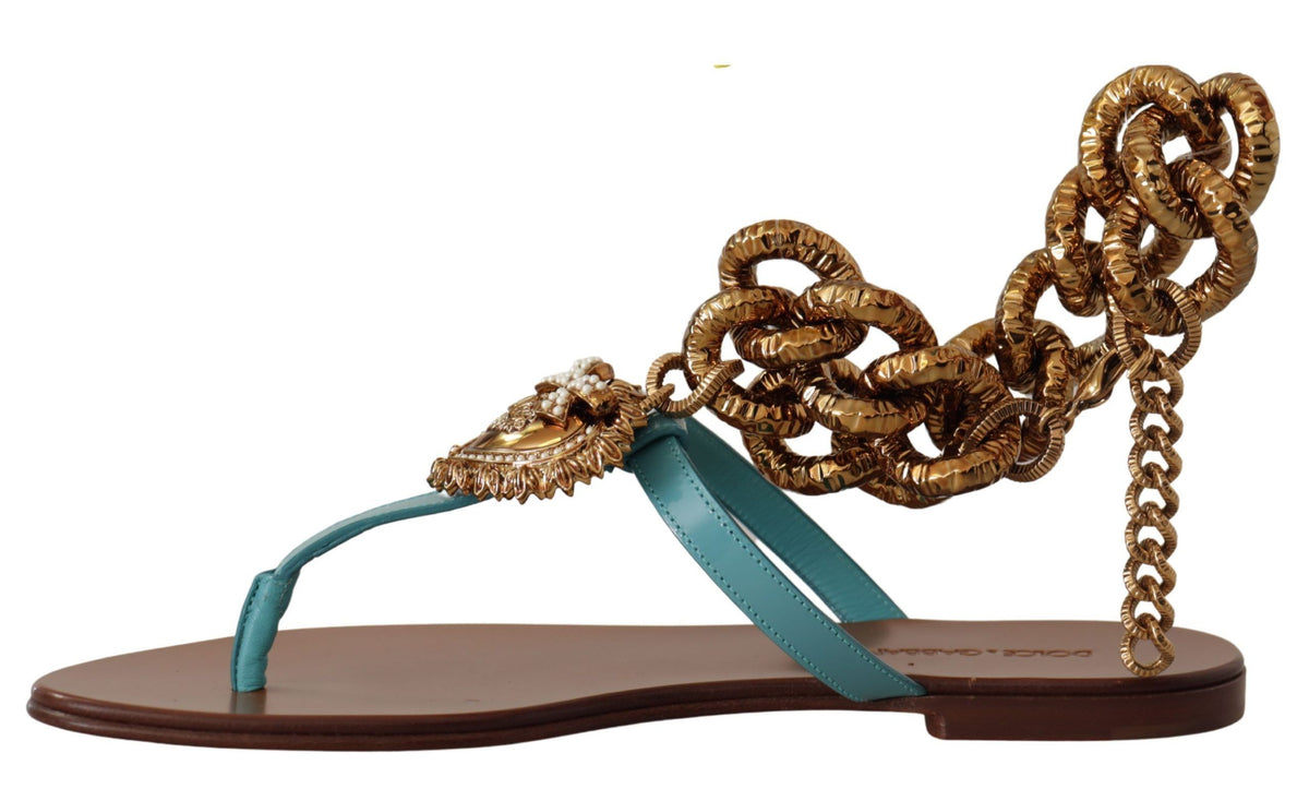 Dolce & Gabbana Blue Leather Devotion Flats Sandals blau