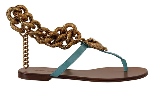 Dolce & Gabbana Blue Leather Devotion Flats Sandals blau
