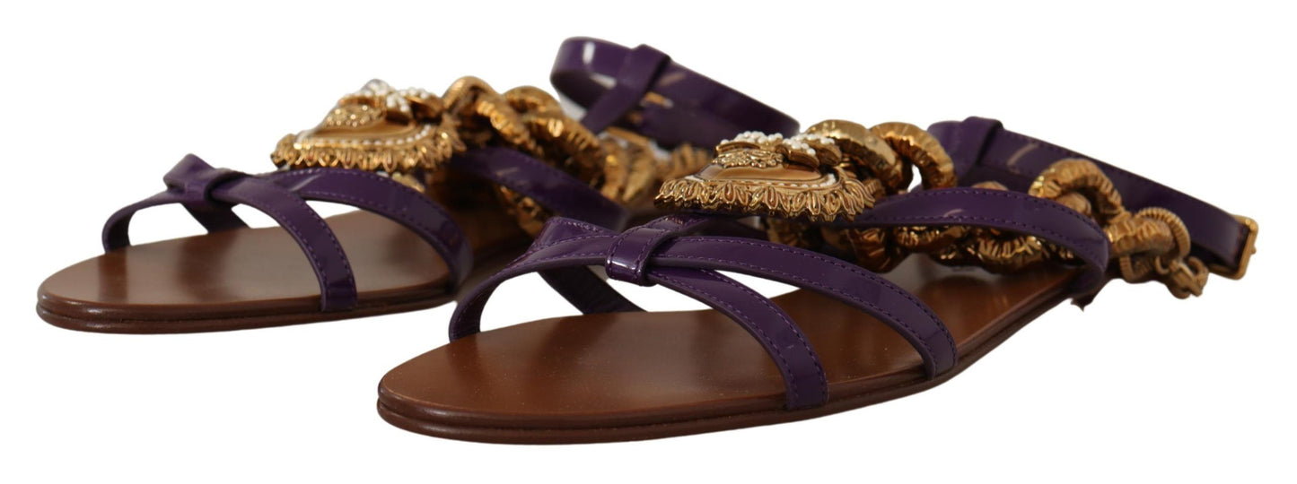 Dolce & Gabbana Purple Leather Devotion Flats Sandals Shoes lila