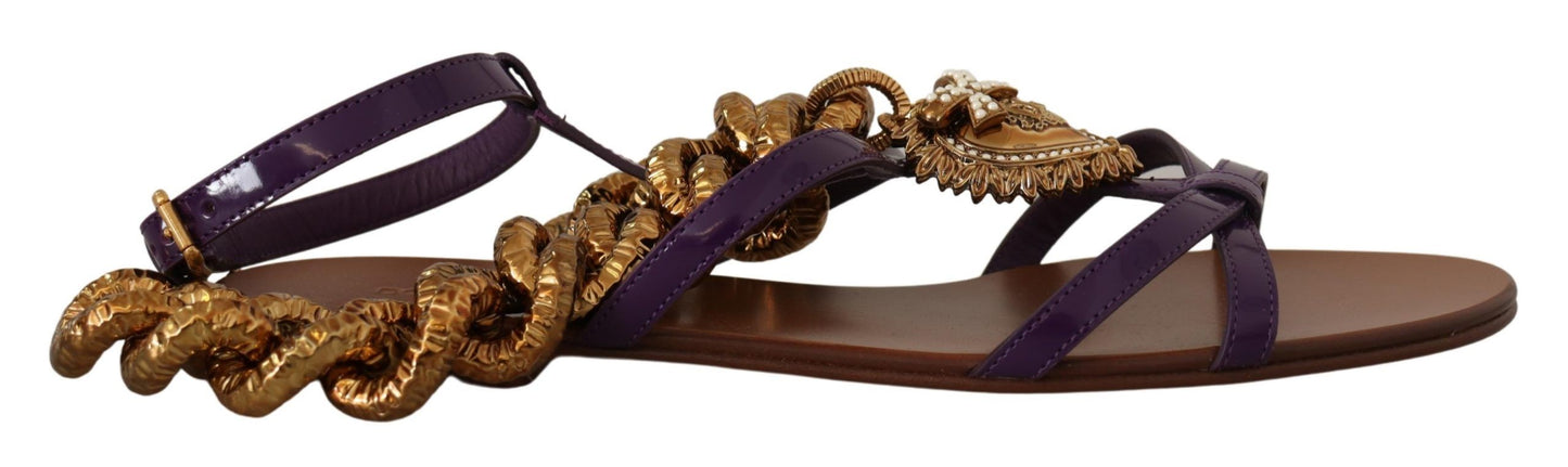 Dolce & Gabbana Purple Leather Devotion Flats Sandals Shoes lila