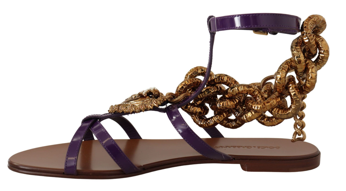 Dolce & Gabbana Purple Leather Devotion Flats Sandals Shoes lila