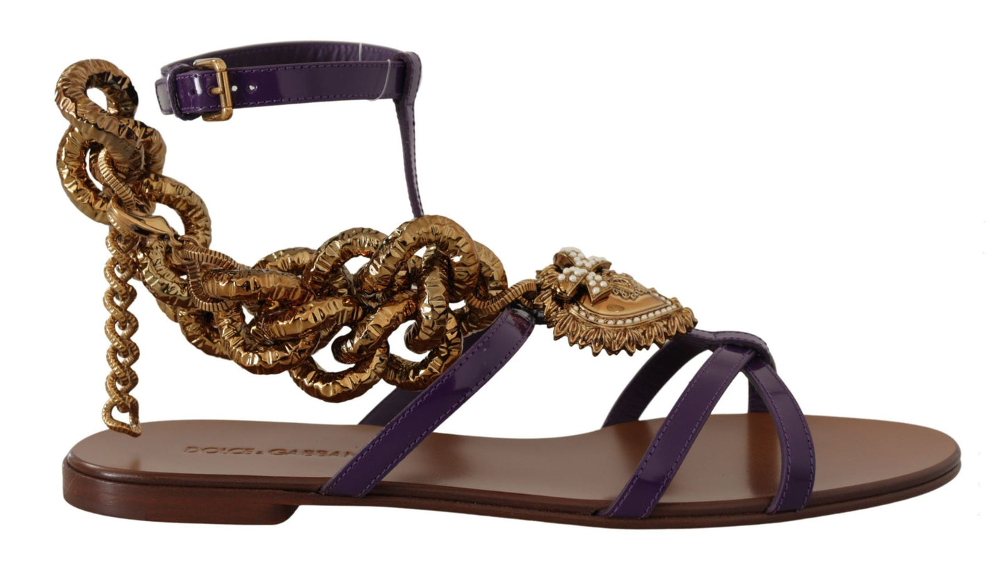 Dolce & Gabbana Purple Leather Devotion Flats Sandals Shoes lila