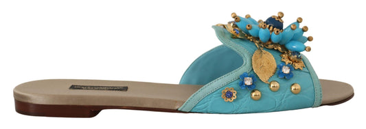 Dolce & Gabbana Blue Crystal Exotic Leather Sandals blau